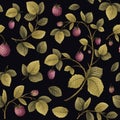 Raspberry plant, branch in leaves and berries, seamless pattern